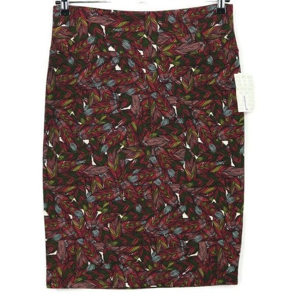 LuLaRoe Cassie Pencil Straight Skirt Pink Green Black Feathers L‎ Large - Picture 1 of 10